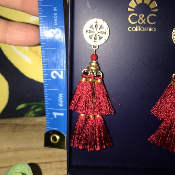 C&C California Rhinestone Burgundy Red Tassel Drop Earrings - Picture 5 of 6